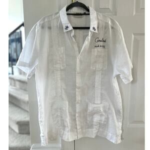 Gala Octuvre White Linen Floral Embroidered Pintuck Camp Collar Cuban Shirt
